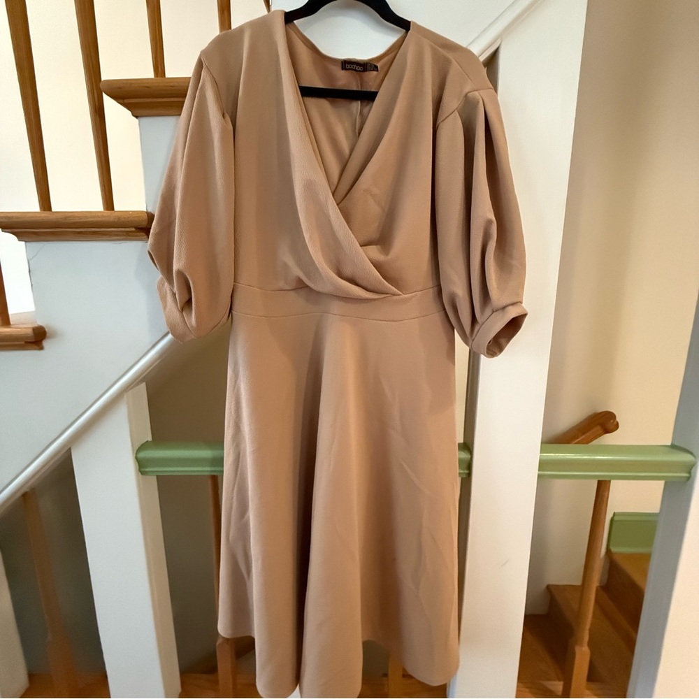 Boohoo Tan A-Line Midi Dress with Cowl Neck and Bishop Sleeves
